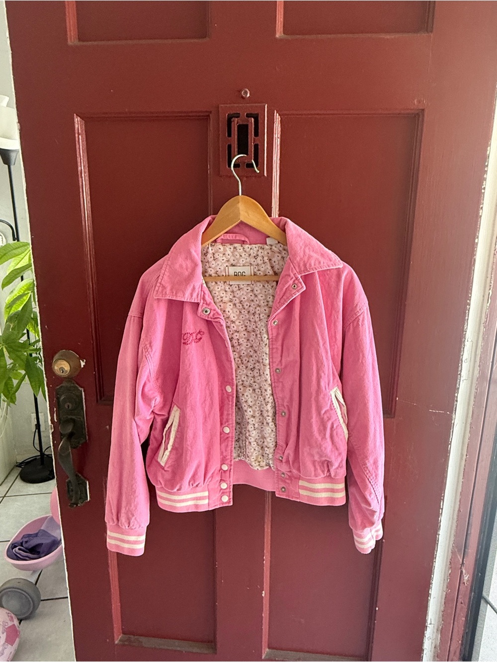 BDG Pink Varsity Bomber Jacket with Floral Lining